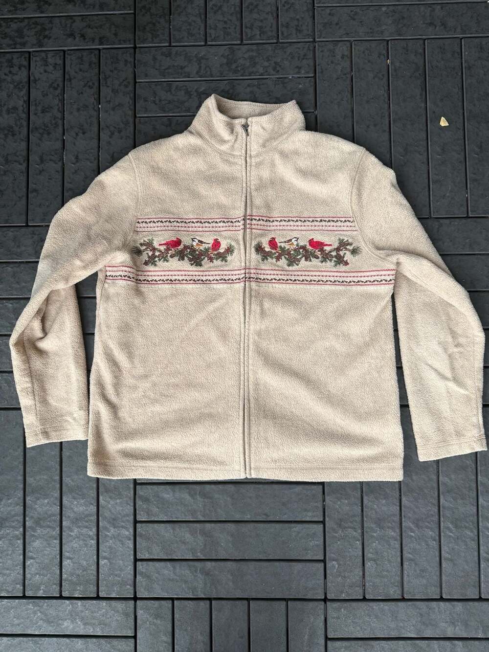 Croft & Barrow Fleece Jacket Size PS Beige Bird Embroidered Full Zip